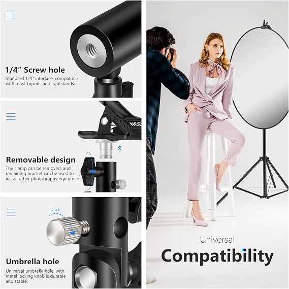 NEEWER Photo Studio Heavy Duty Metal Clamp Holder with 5/8 Light Stand Attachment for Reflector