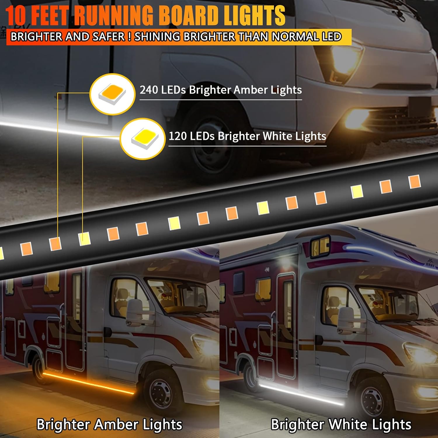 2Pcs Running Board Lights 10 Feet, LED Side Maker Light with 360 LEDs Sequential Amber Turn Signal Lights ＆ White Courtesy Light 12V-14V Emergency Light Strips Extended Crew Cab RV Trailer