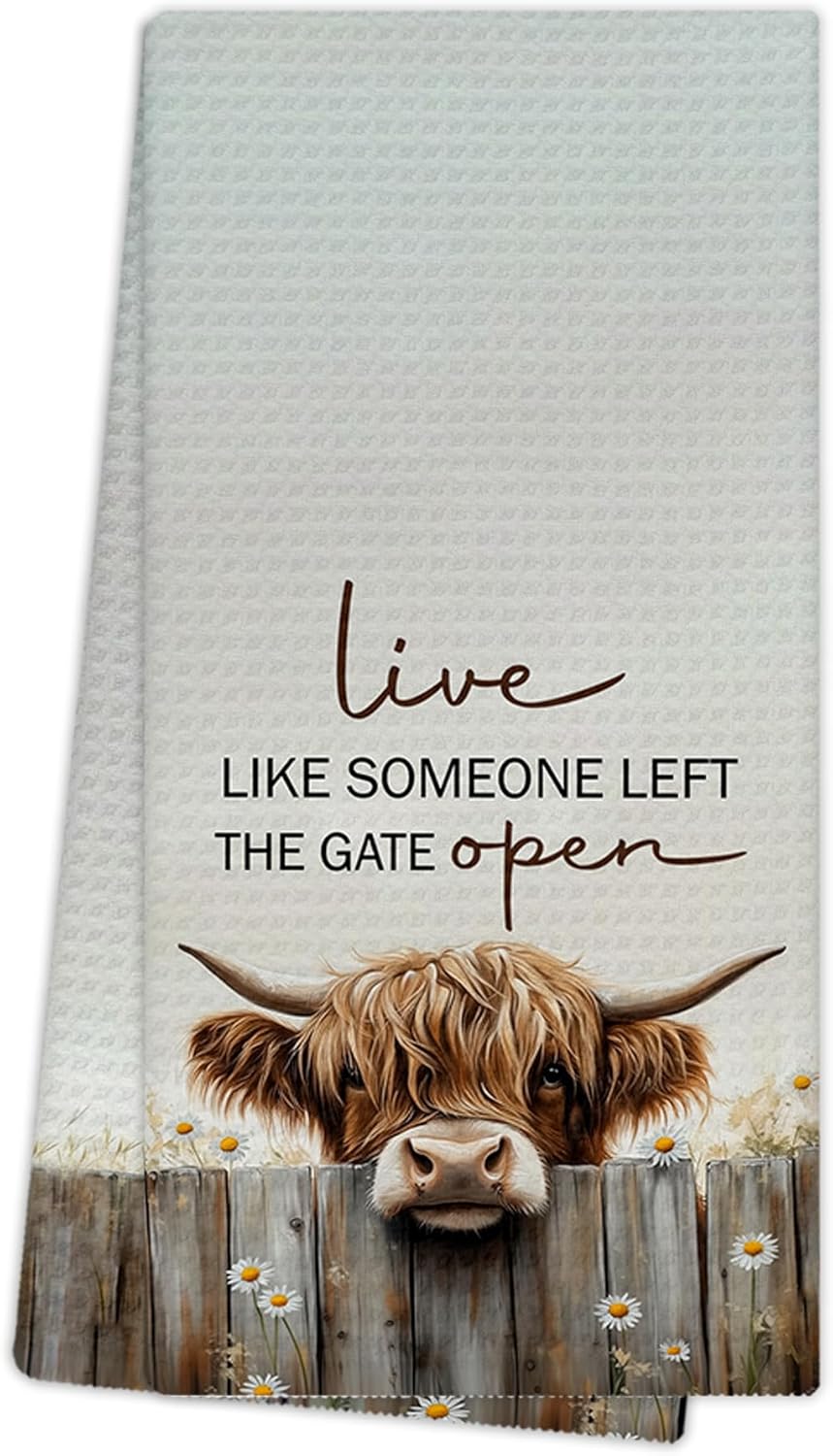 Farmhouse Highland Western Cow Kitchen Towels, Live Like Someone Left The Gate Open Rustic Hand Towels for Bathroom Decor, Cow Lover Gifts Dishcloths Dish Towel for Kitchen 16x24 Inches