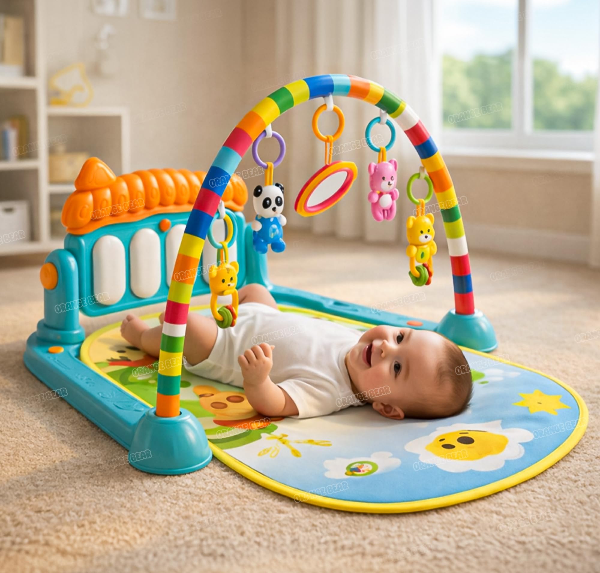 Orange Bear Baby Play Mat for Babies (1Year Warranty) Play Gym Floor Mat for Kids with Lights and Musical Keyboard Kick and Play Bed Piano with Hanging Rattles - New Born Baby Gifts