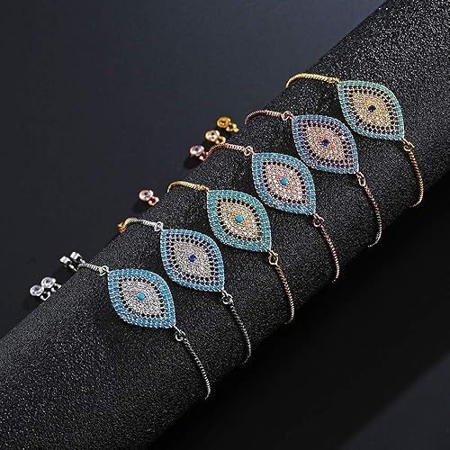 Miniatura 4 de NEWBUY - Pulsera chapada en oro con ojo turco malvado y circonita cúbica azul, chapada en oro, ajustable para mujer, para ir de fiesta.