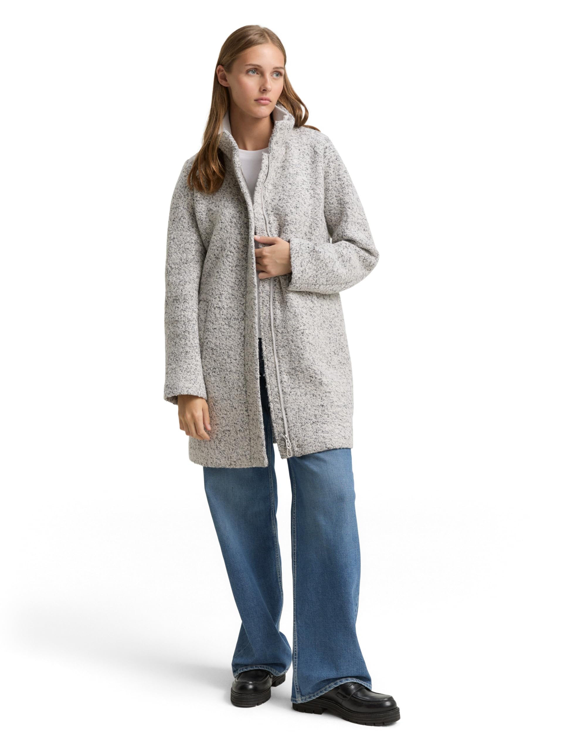 TOM TAILOR Denim Damen Bouclé Wollmantel mit Stehkragen