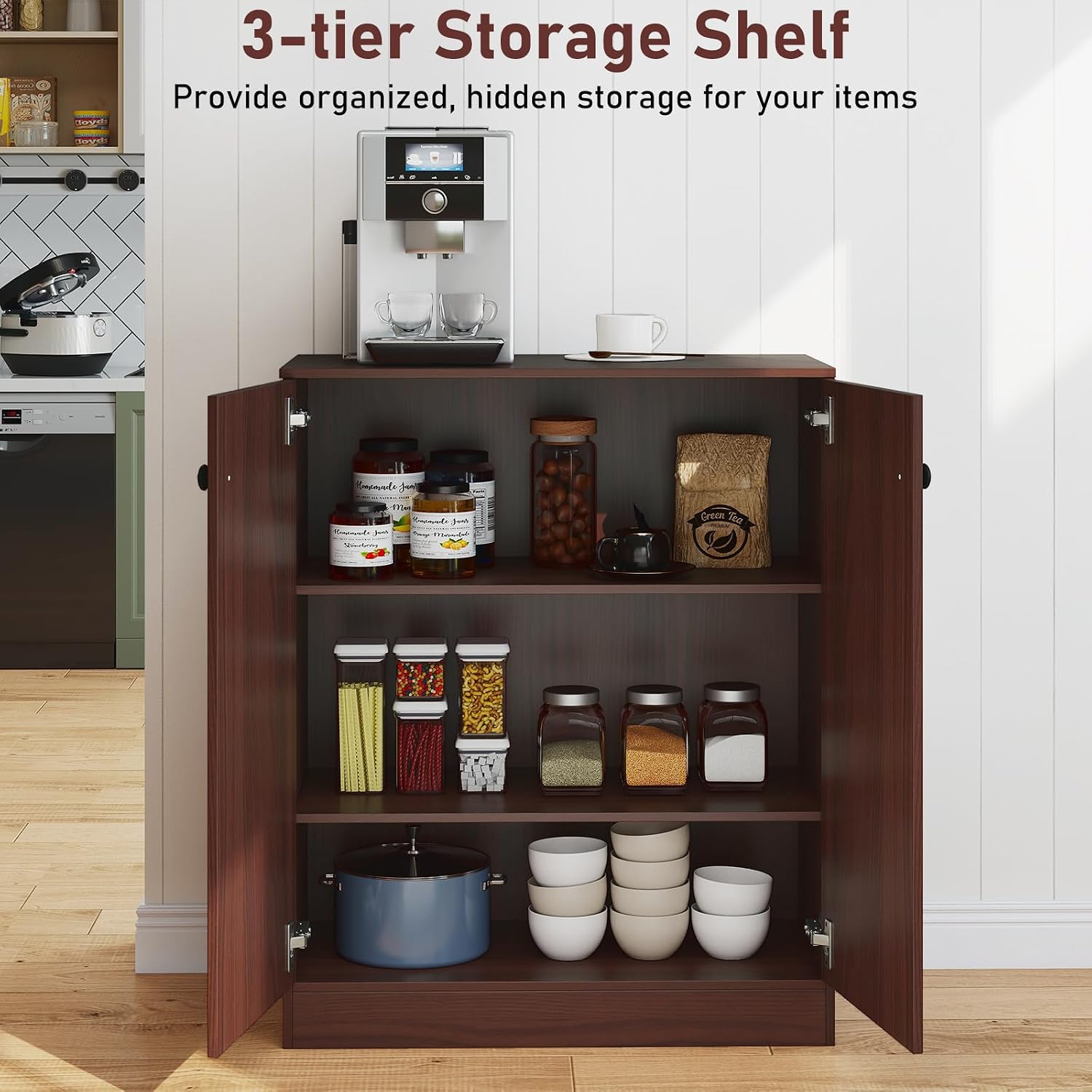 LOKO 2-Door Storage Cabinet, Modern Floor Cabinet with 3-Tier Shelf, Freestanding Side Cabinet with Anti-Toppling Device, Storage Organizer for Living Room, Kitchen, Dining Room, Entryway (Brown)