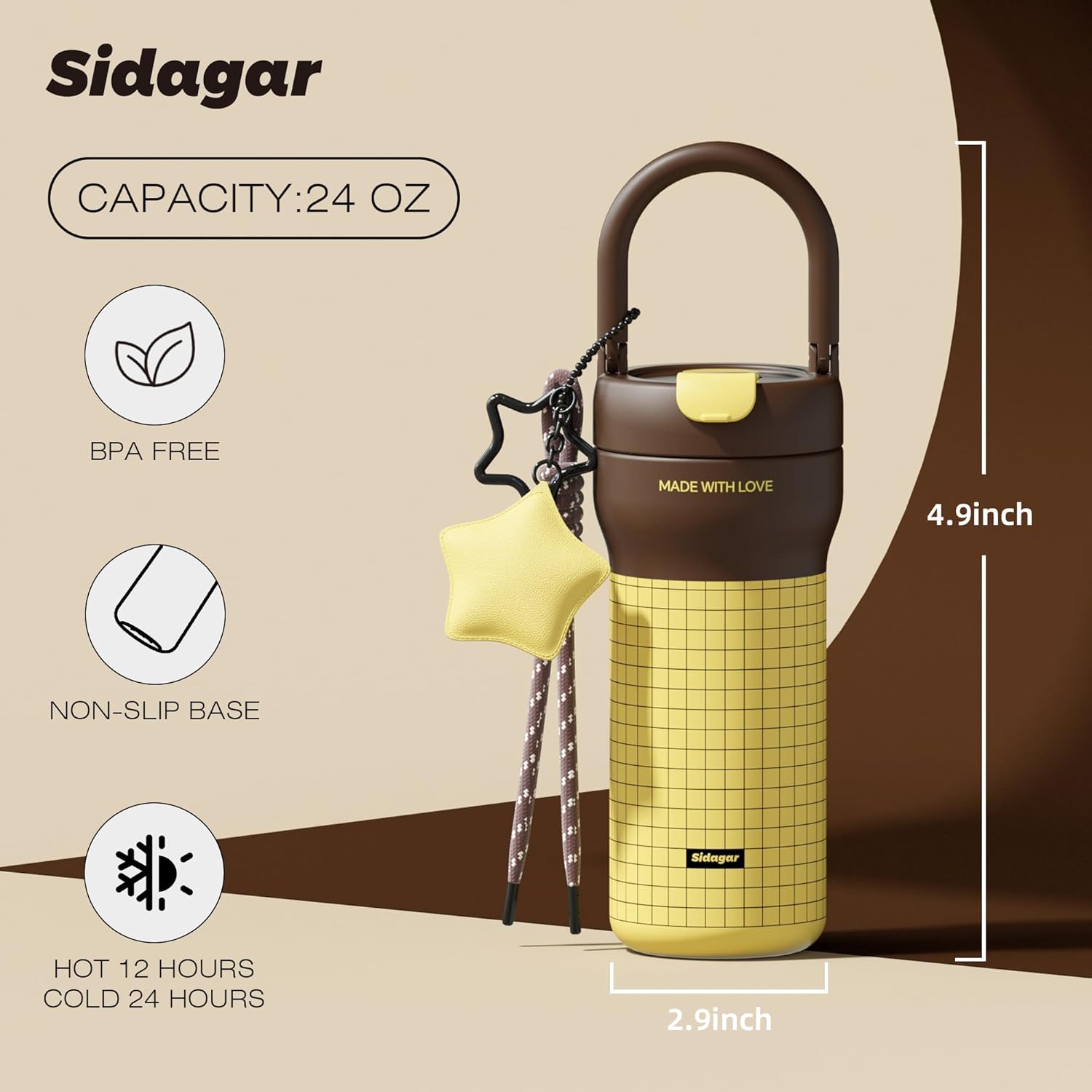 24 oz Tumbler with Handle and Straw, Stainless Steel Insulated Water Tumbler, Aesthetic Retro Grid Coffee Mug for Women, Yoga, Commute, Star Charm - Sunshine Amber Yellow - Image 2