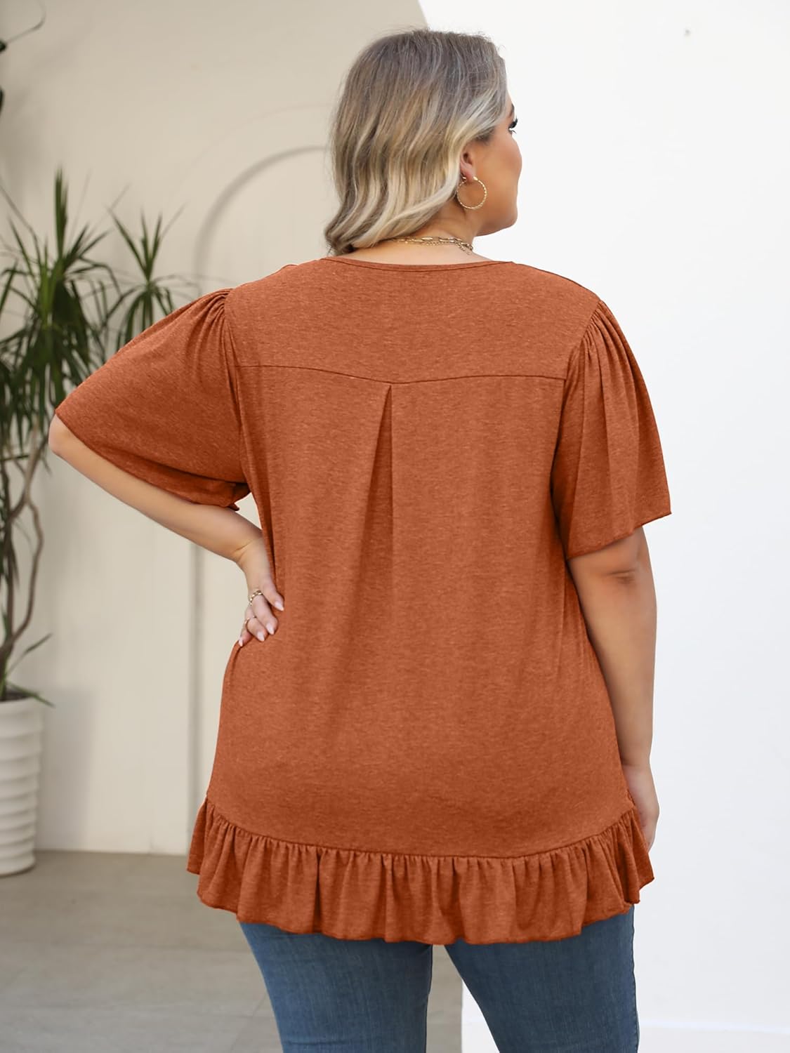 Womens Plus Size Tops Dressy Casual Blouses Square Neck Ruffle Hem Tunic Summer Going Out Shirts Short Sleeve 2025 - Image 3