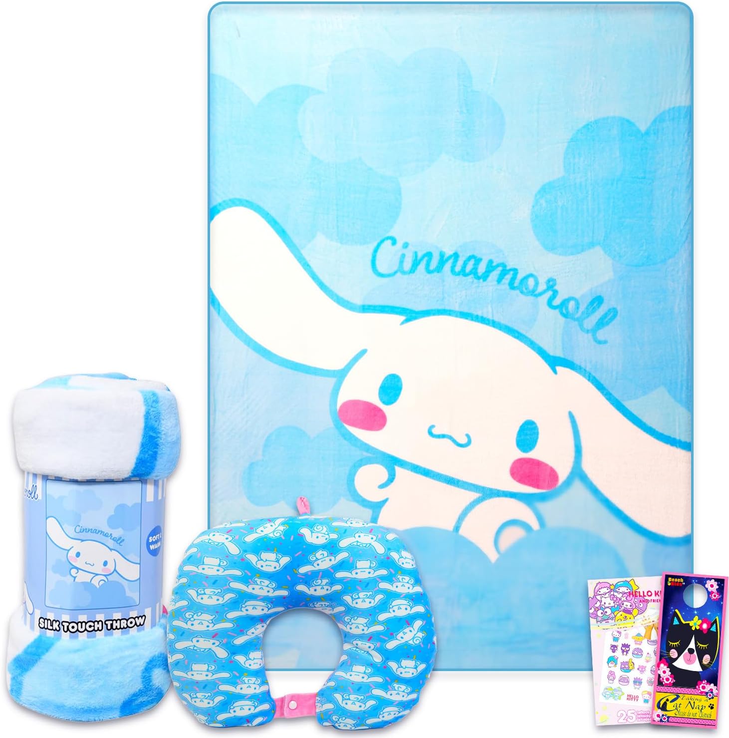 SANRIO Hello Kitty Travel Blanket and Pillow Set for Girls Bundle with Cinnamoroll Blanket, Pillow, Tattoos, More | Hello Kitty Travel Accessories for Kids, Children