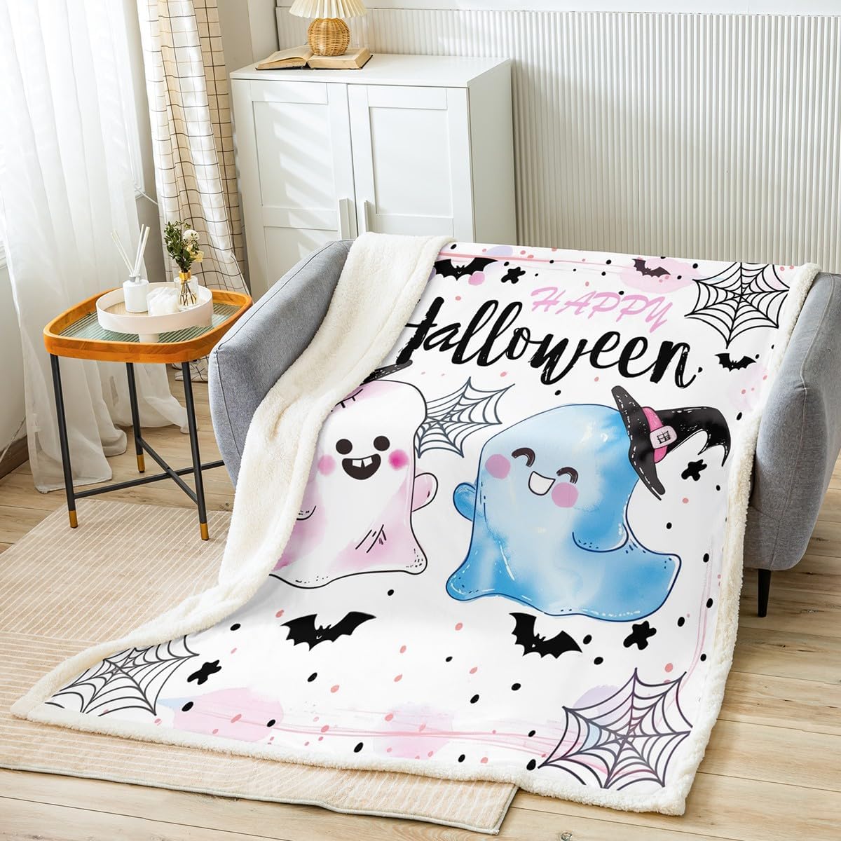 Happy Halloween Flannel Blanket,Pink and Blue Cute Ghost Sketch Fuzzy Blanket for Children Present,Bat Spider Web Print Cartoon Graffiti Polyester Throw Blanket for Couch, Twin Size (60 x 80 Inch)