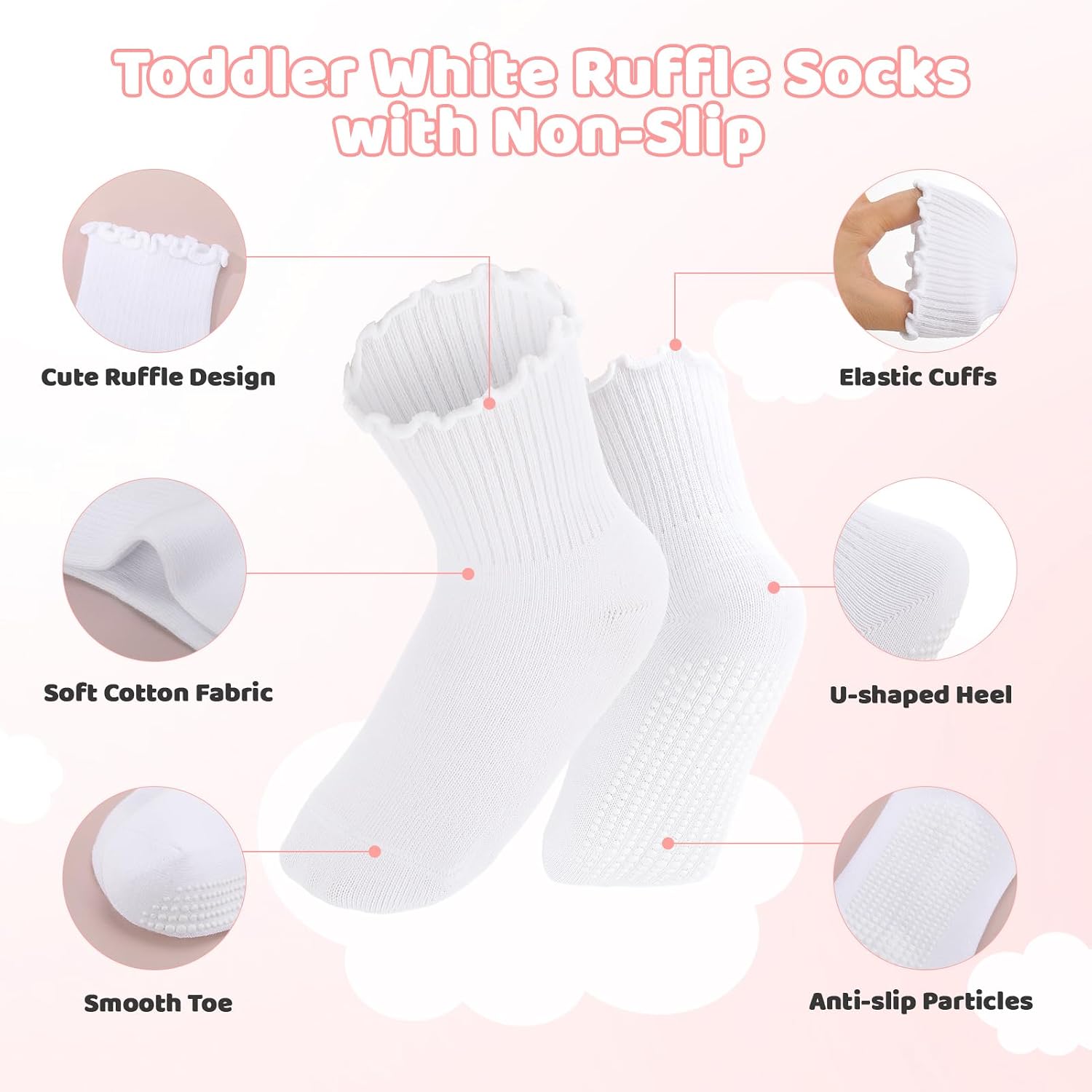 6/12 Pairs Non Slip Toddler Ruffle Socks for Girls Cotton Frilly Socks with Grips for 1-3 Years Girls