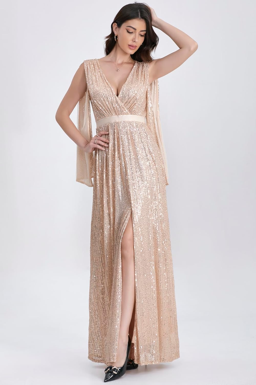 Women's Sequins Deep V Fashion Slit Shoulder Maxi Dresses Formal Evening Gowns. - Image 4