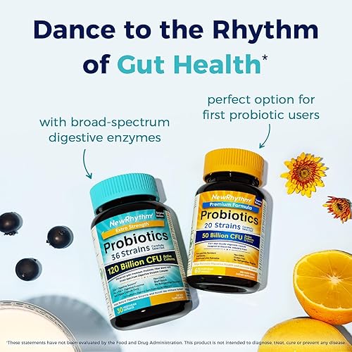 Miniatura 7 de NewRhythm Probióticos 120 mil millones de UFC, 36 cepas, probióticos 3 en 1 para la salud digestiva y apoyo inmunológico con prebióticos y enzimas,