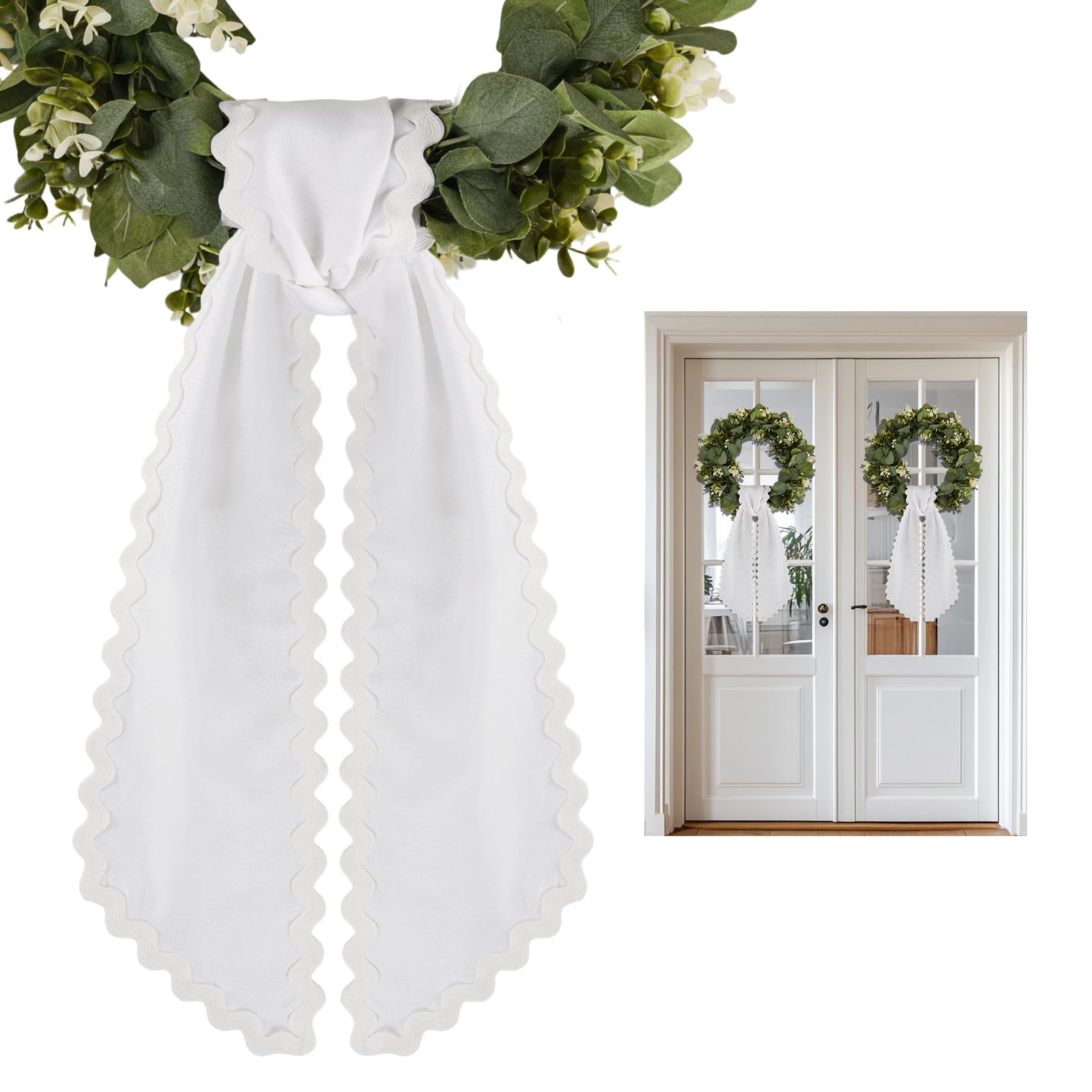 Photo 1 of 2 Pcs Scalloped Wreath Sash for Front Door Ruffle Wreath Ribbon for Yard Porch Garland Home Decor(White)
