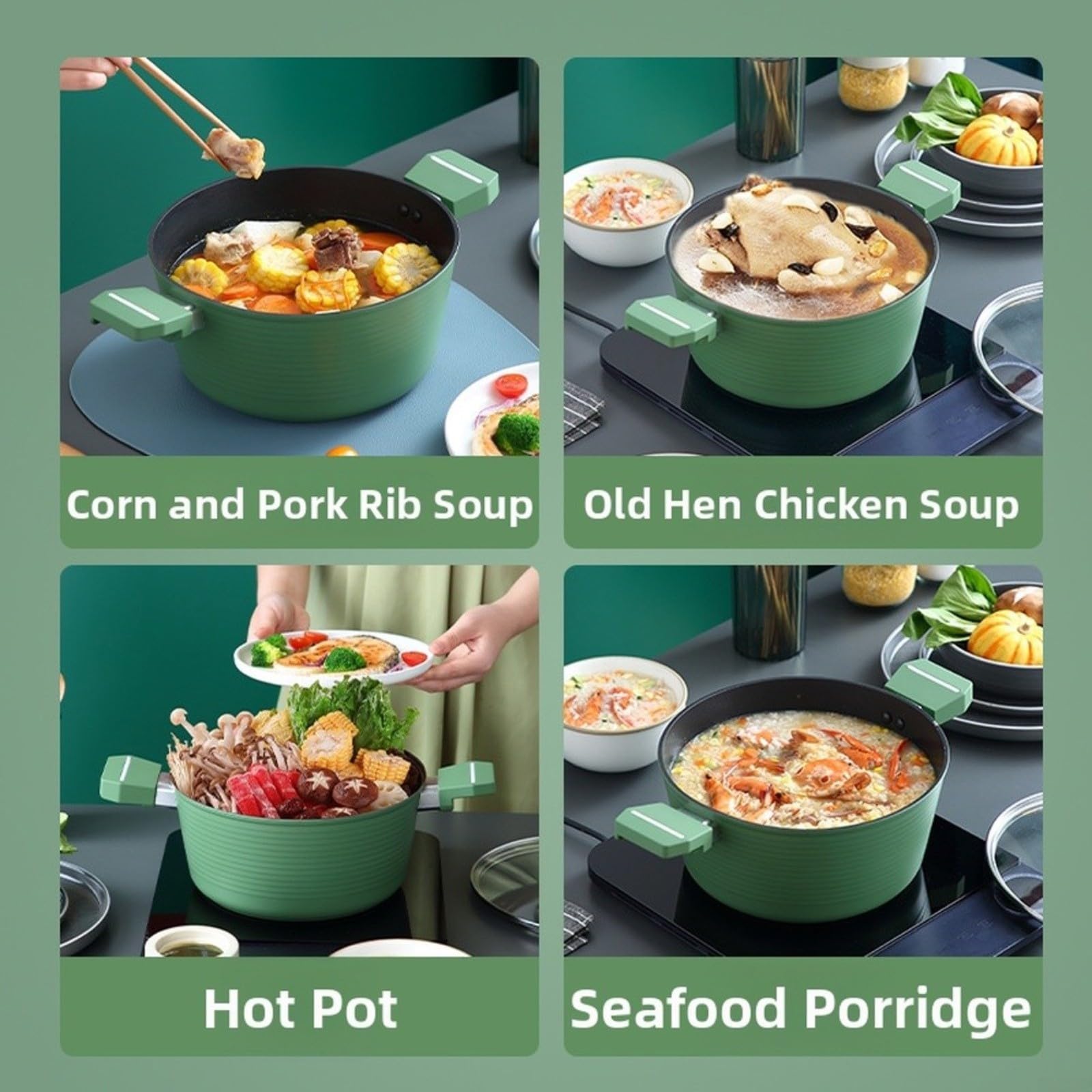 Kochtopf aus Legierung mit zwei hitzebeständigen Griffen für Suppe, Nudeln und Familienessen, kompatibel mit Induktions-, Gas- und anderen Herdplatten, leicht zu reinigen, grün, 48 x 24 x