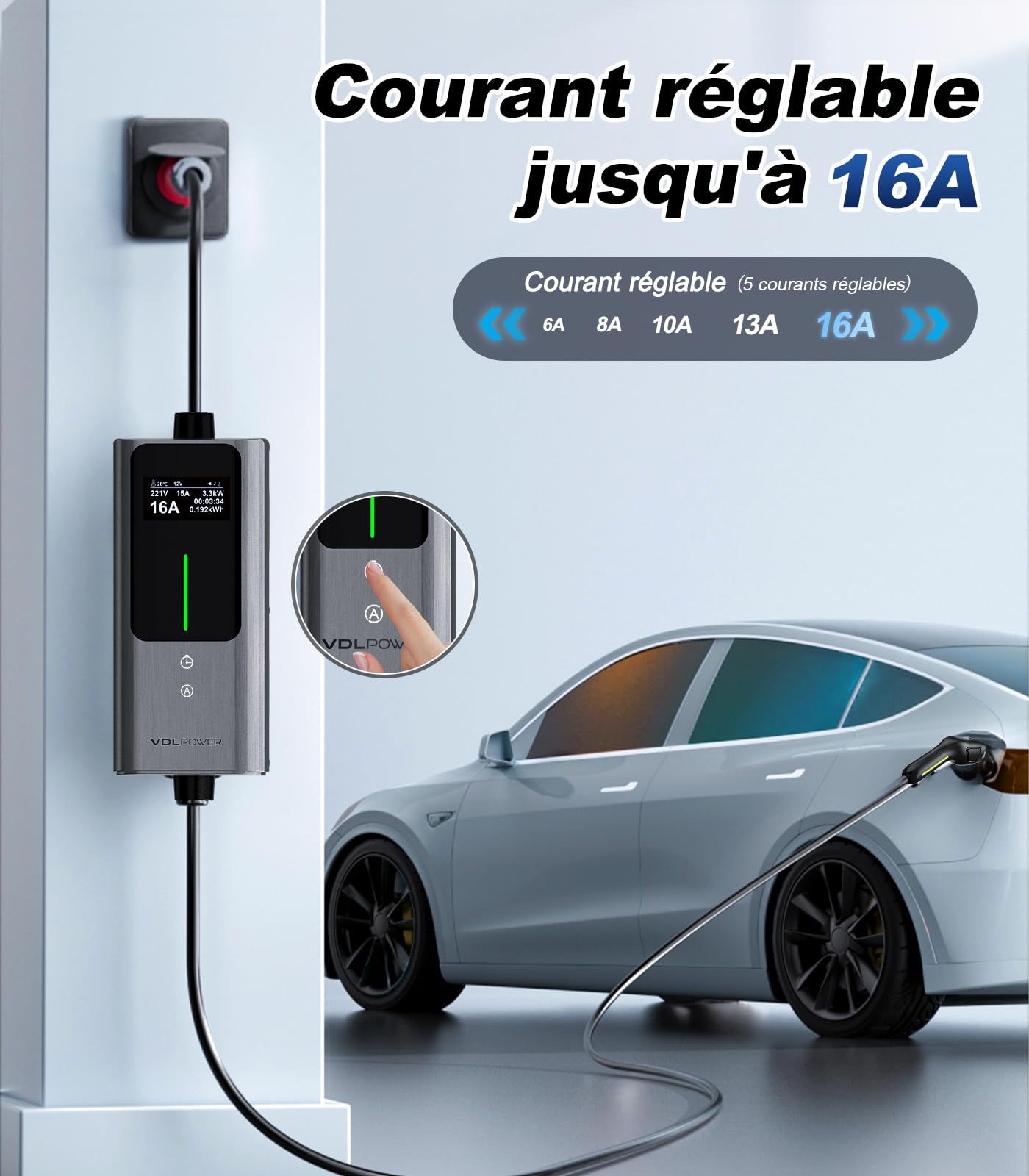 Chargeur Voiture Electrique | 6-16A | 11kW | 5 Mètre Type 2- Triphasé CEE Portable EV Chargeur Station de Charge Mobile/Wallbox, Puissance réglable, Temps de réglage