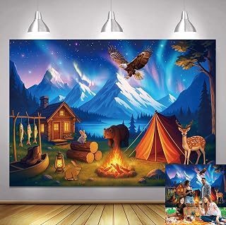 7x5ft Winter Camping Backdrop Forest Scene Polar Animals Tent Snow Mountain Christmas Photography Background Outdoor North Pole Adventure Party Birthday Decorations Banner