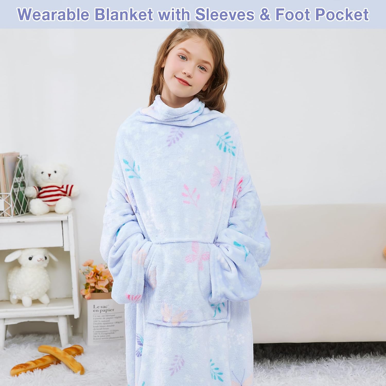 Viviland Wearable Fleece Blanket Hoodie, Blanket Hoodie for Kids with Sleeves & Foot Pocket, 47" X 47" Lightweight Soft Like Flannel, Light Purple Butterfly Pattern - Image 7