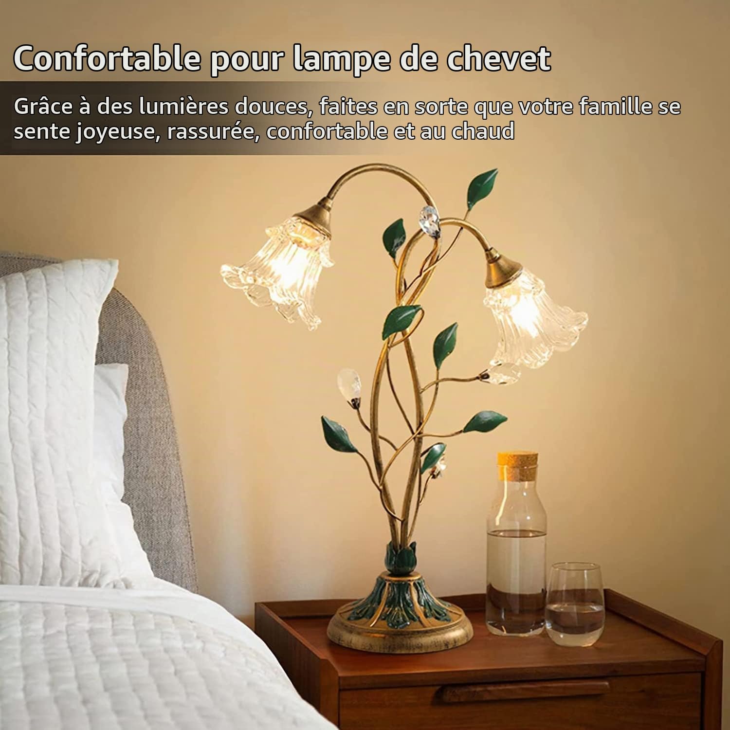 Lampe de Chevet Lampe de Table en Forme de Fleur Dorée American Vintage Rose Green Leaf Abat-Jour en Verre pour Salon Chambre Commode Bureau