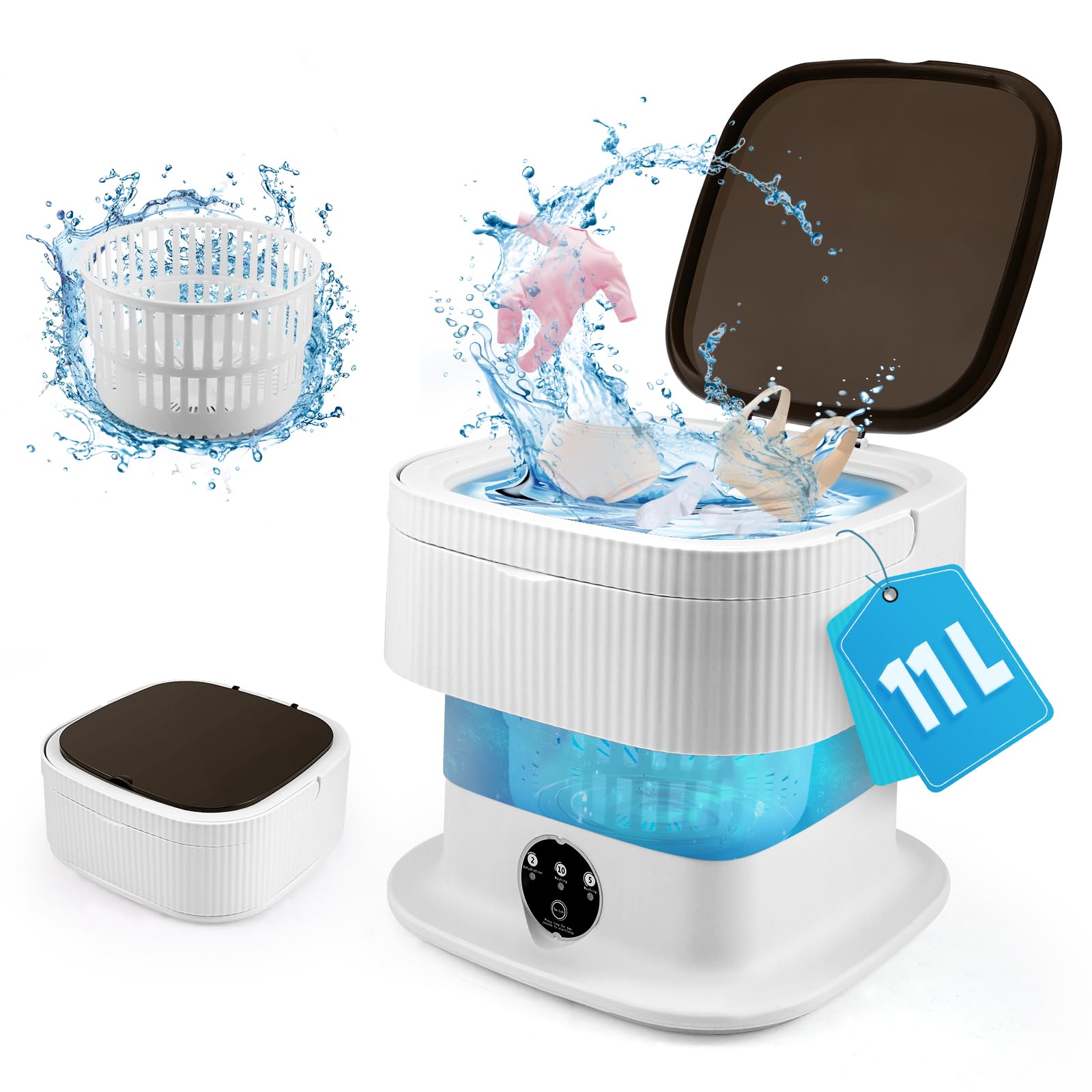 Portable Washing Machine,11L Mini Travel Washing Machine, Integrated Washing & Dehydration, 45db Low Noise, with 1 Spin Basket, 3 Clothes Hangers, Ideal for Lingeries, Briefs, Baby Clothes (Grey) — view 9