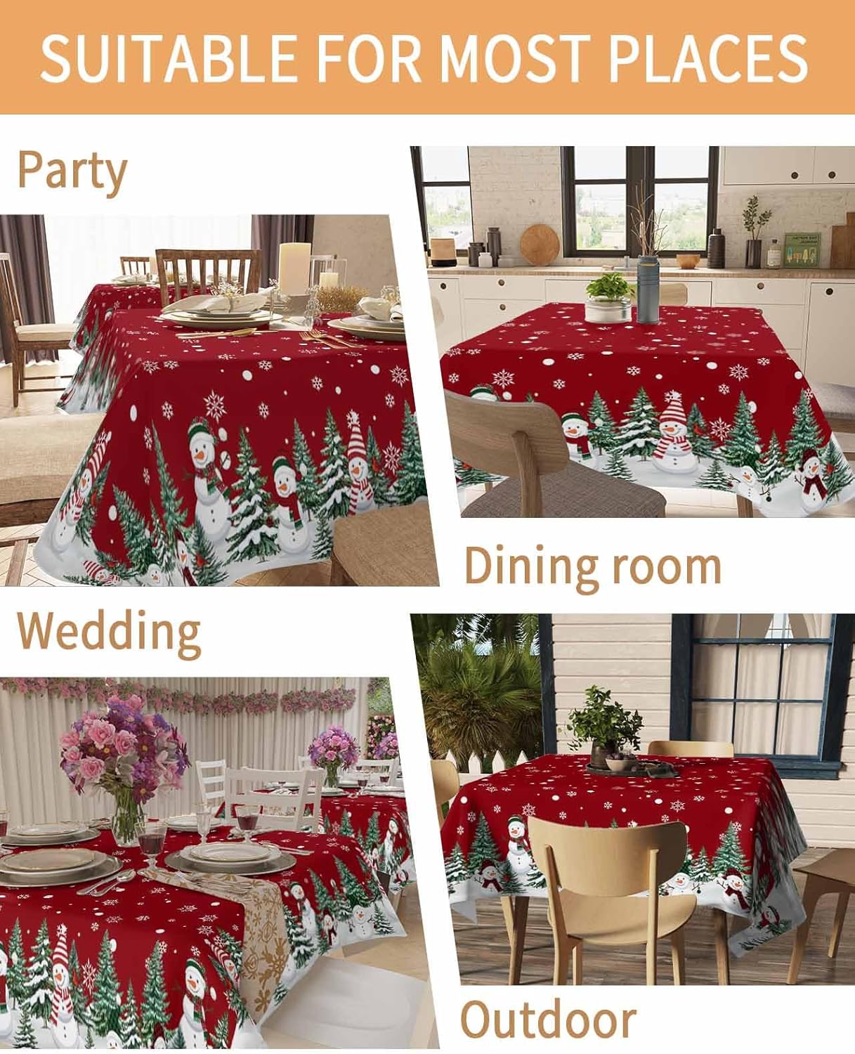 Christmas Snowman Table Cloth Waterproof, Xmas Tree Winter Snowflake Tablecloths Outdoor Picnic Table Cover, Red Decorations Table Cloth Washable Square Tablecloth for Dining/Coffee/Party 54"x54"