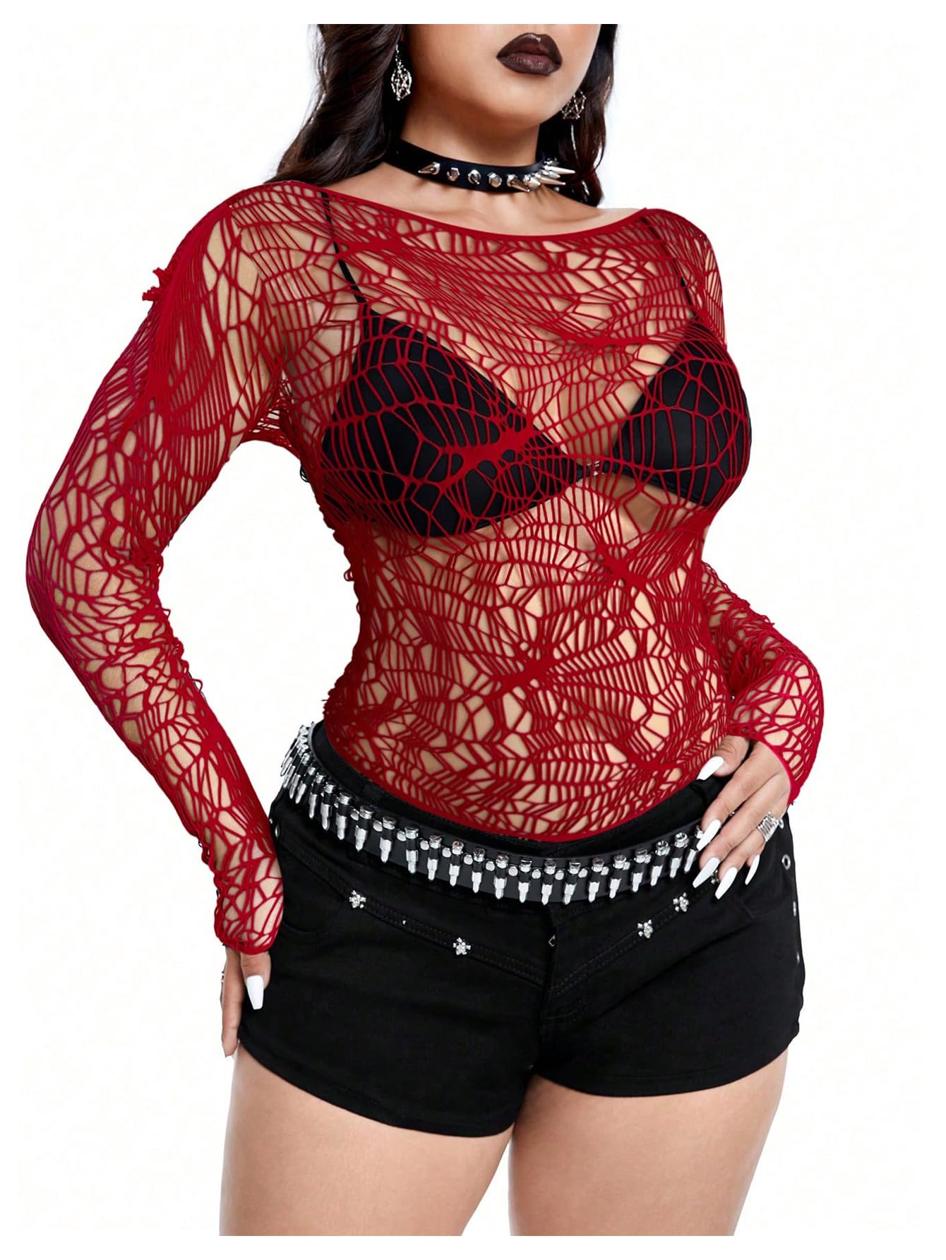 GORGLITTER Women's Fishnet Crochet Tops Rave Goth Concert Party Y2K Sexy Outfits Long Sleeve Boat Neck Going Out Top: One Size Red