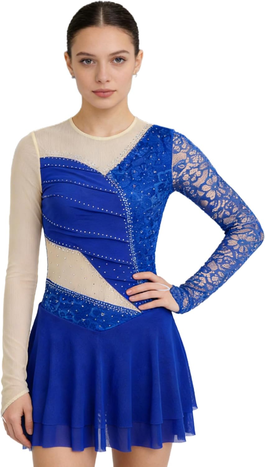 JEATHA Lyrical Dance Dress for Women Rhinestone Figure Skating Bodysuit Dress Long Sleeves Latin Dancewear