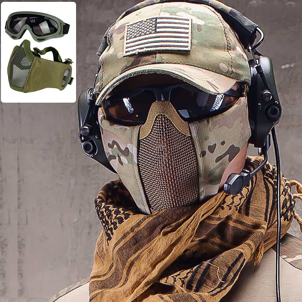 Set di accessori protettivi per softair, maschera a metà viso in rete con protezione per le orecchie, e occhialini per CS / caccia / paintball / tiro
