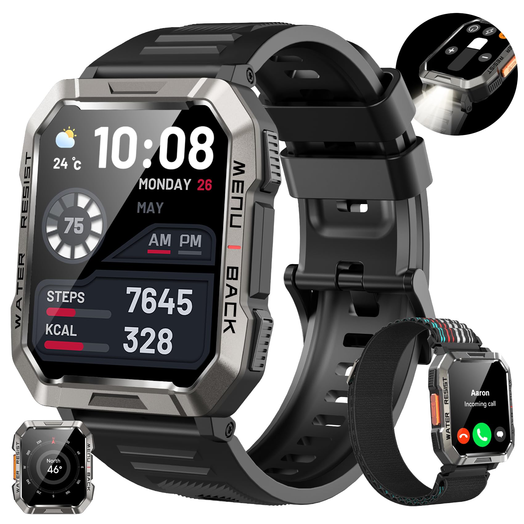 Militaire Montre Connectée Homme Femme, 2.01" HD, Batterie 900mAh, Appels Bluetooth, Lampe LED, Fréquence Cardiaque & SPO₂, Suivi du Sommeil, 100+ Modes Sportifs,2 Bracelets inc, Android iOS