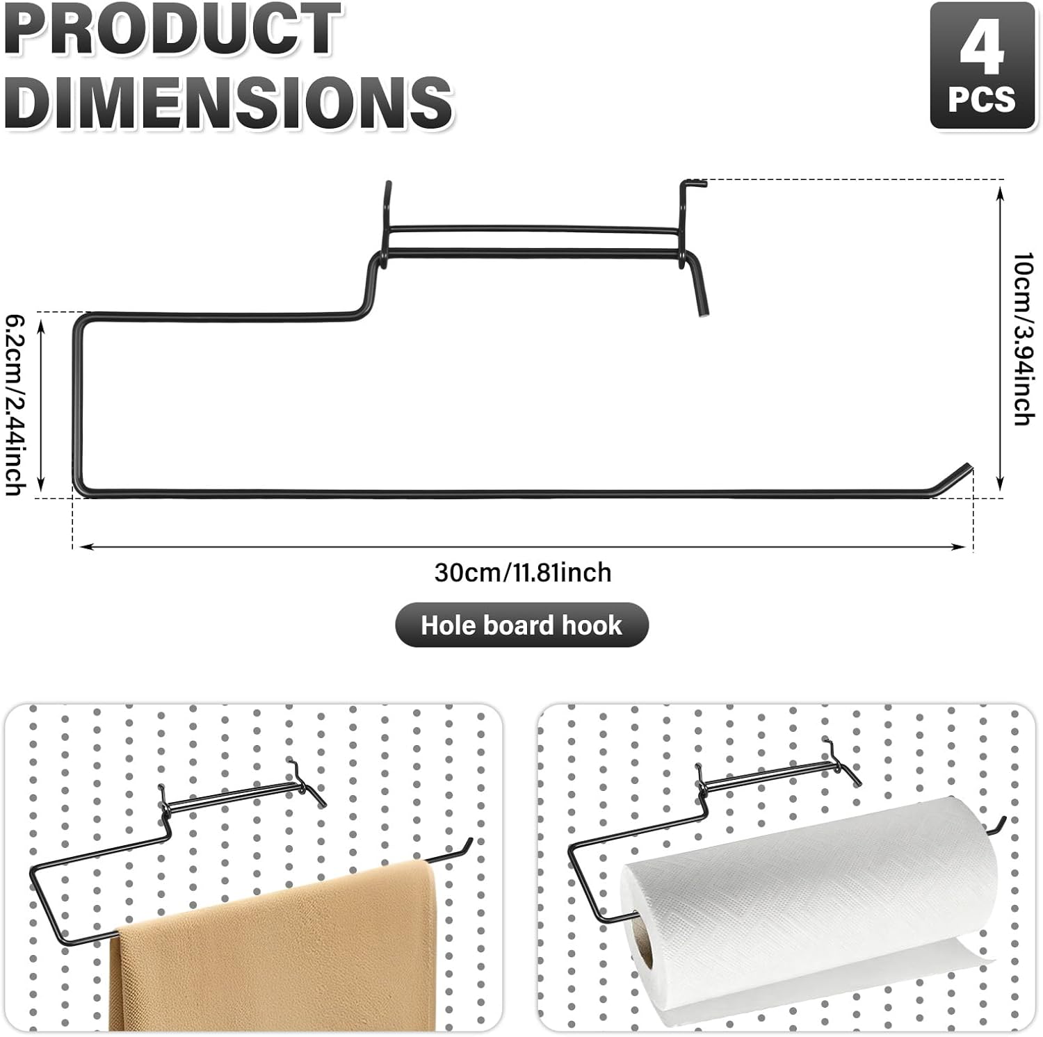 4 Pack Pegboard Towel Holder Pegboard Hook for Paper Towels Kitchen Towels Stickers Tapes Ideal Peg Board Organizer Accessories for Workshop Garage Kitchen(Black,C Shape)