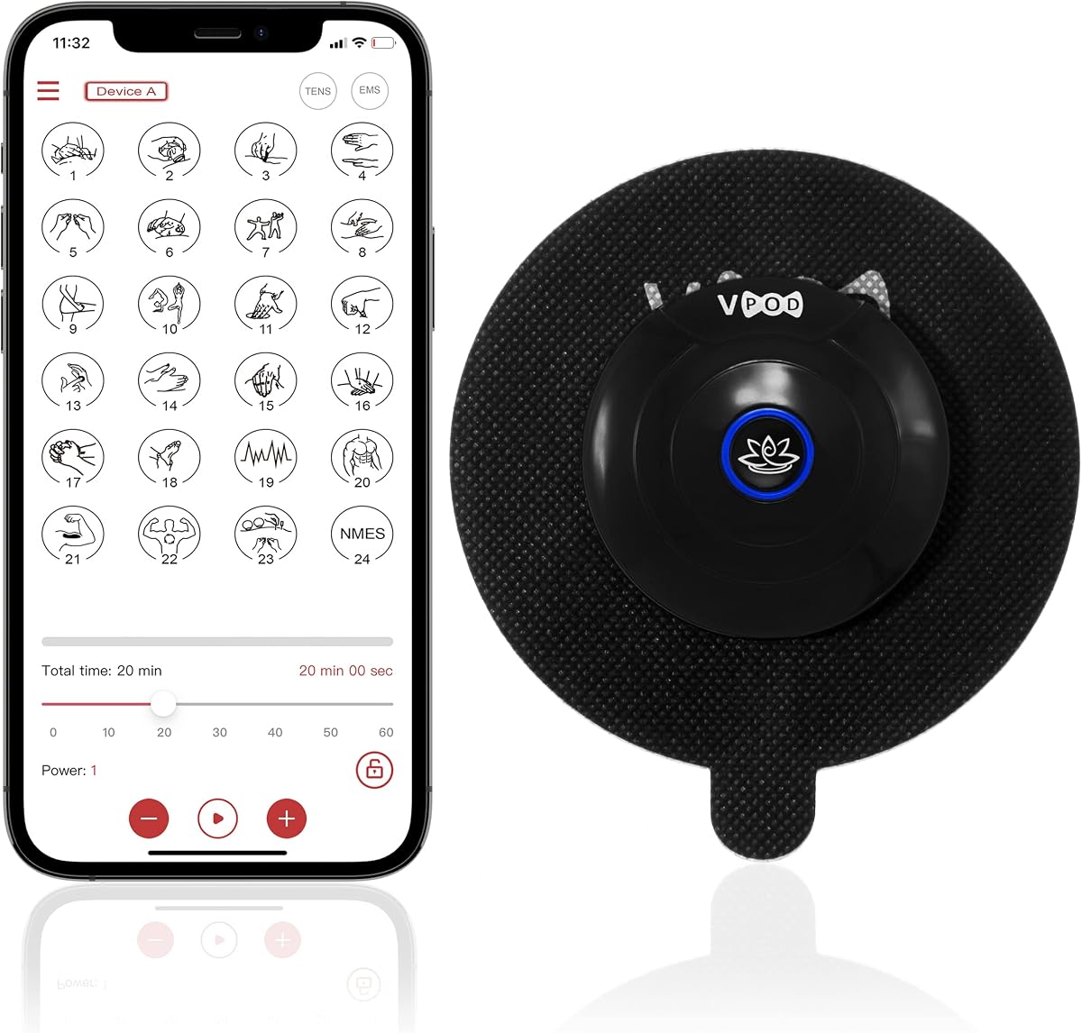 VPOD Single Wireless TENS Unit - EMS Muscle Stimulator for Pain Relief Therapy, 24 Modes - TENS Massager Electric Stimulation Machine for Nerve and Back Pain