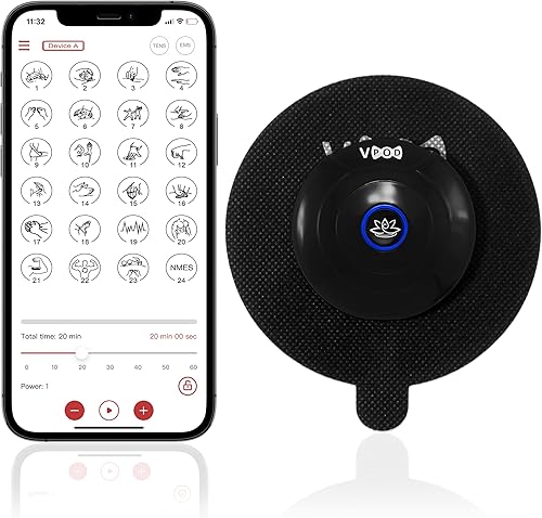 VPOD - Unidad inalámbrica TENS, EMS y NMES, 1 cápsula, 2 almohadillas de electrodo circular, 24 funciones, 20 niveles de intensidad, estimulador