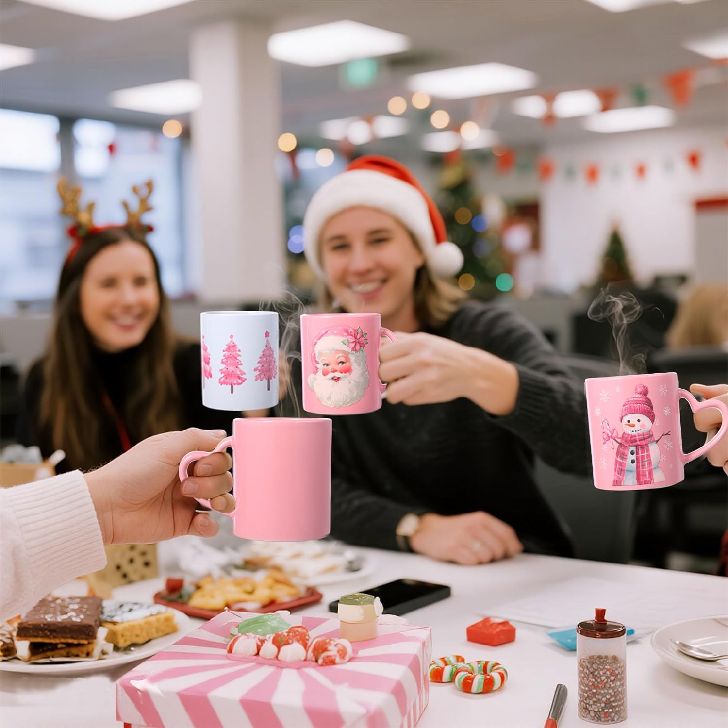 Pickmesh Pink Christmas Mugs Set of 6, 10 Oz Holiday Ceramic Coffee Cups Pastel Christmas Decor Coffee Cups Holiday Xmas Drinkware Housewarming Gifts for Xmas Tea Cocoa Hot Drinks