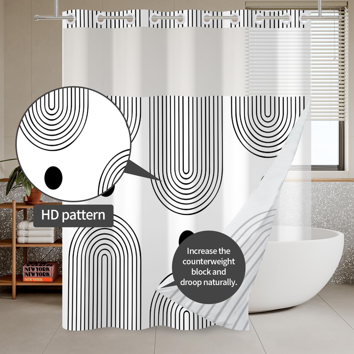 No Hook Shower Curtain with Snap in Liner Set Boho Shower Curtain Mid Century Modern Black and White Abstract Arch Fabric for Bathroom 71x74 Inch