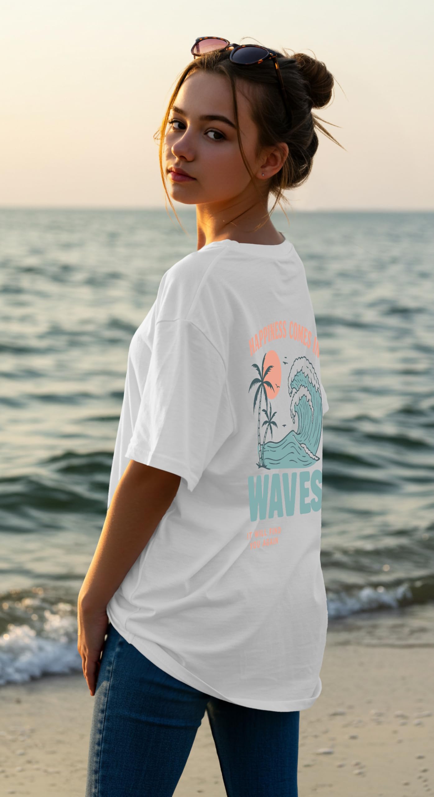 Dagcros Elegante maglietta oversize con scritta "Happiness Comes in Waves" Beach Vibes per ragazze | T-shirt grafica estiva oversize