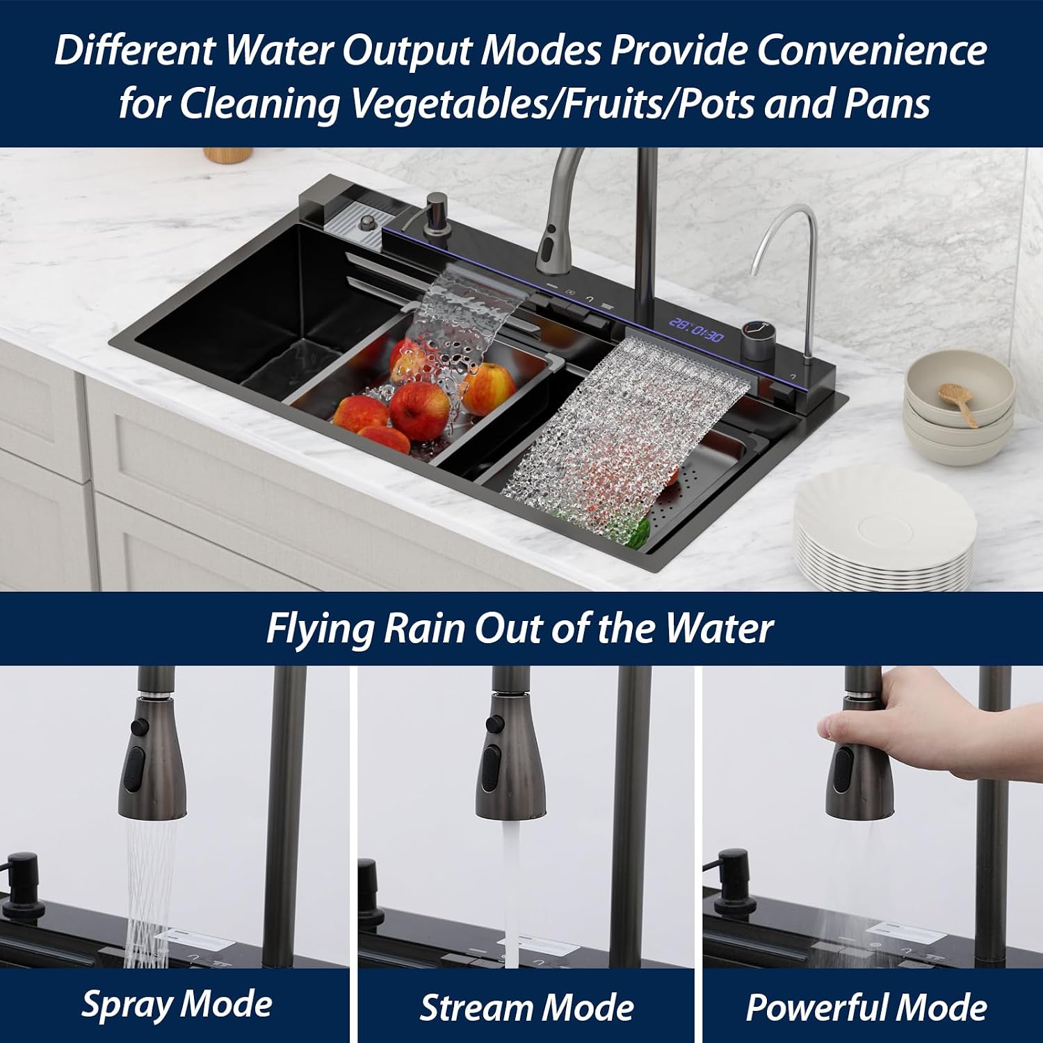 Logmey 33" Smart Dual Waterfall Sink with Digital Display,Water Purifier,Nano PVD Black Drop in Kitchen Sink with Faucet,16 Gauge Stainless Steel Sinks with Temperature Control Knob,5 Buttons,33x19x9