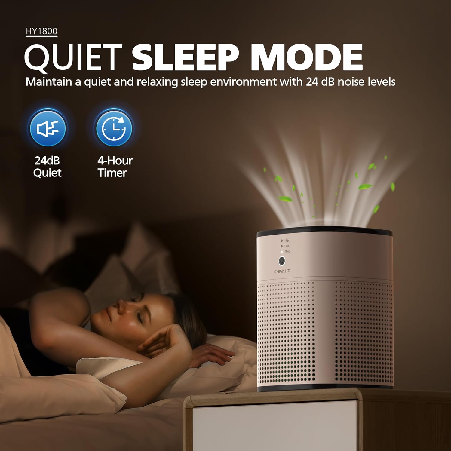 CHIVALZ HY1800 Air Purifier operating in quiet sleep mode in a bedroom.