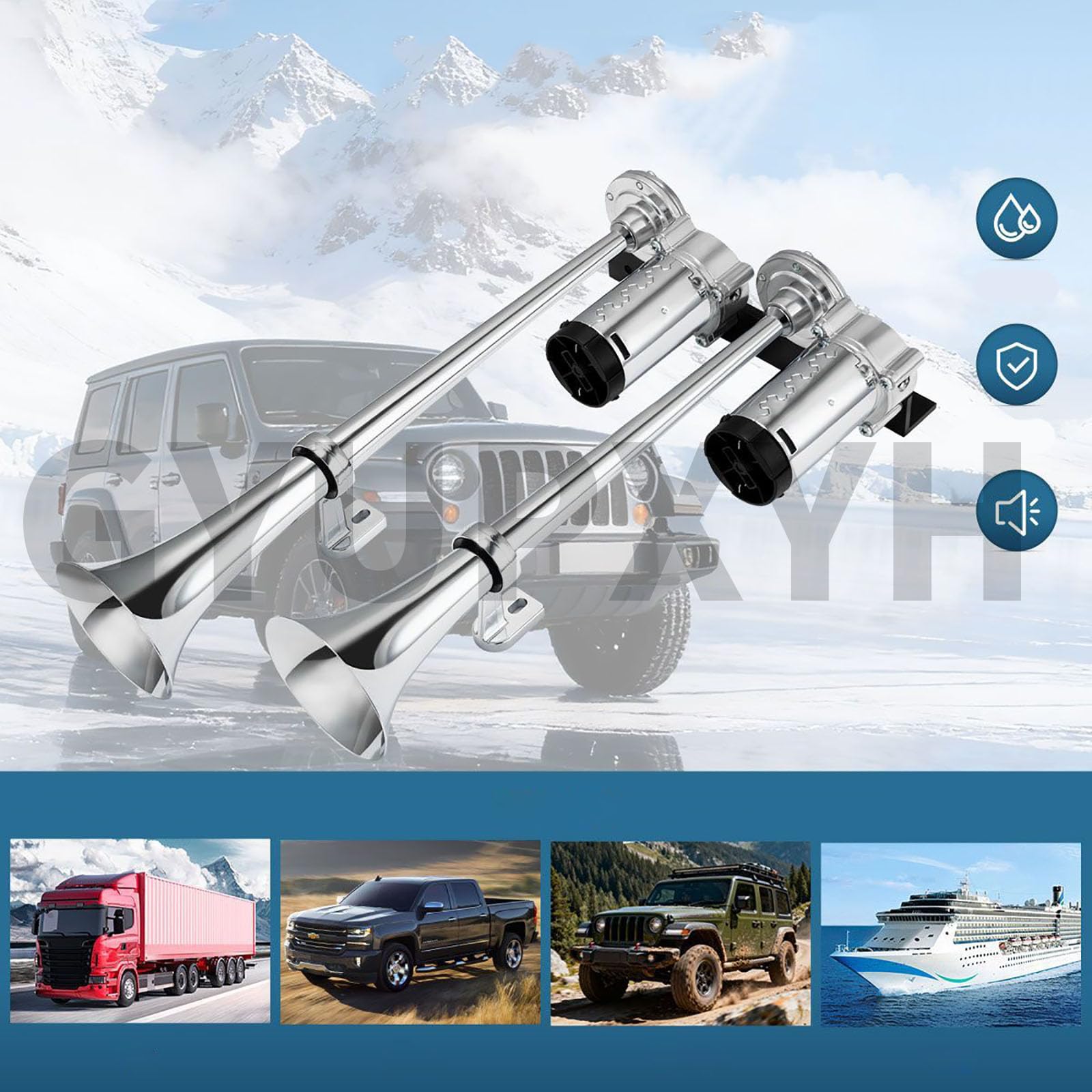 Trompette Tracteur 12v avec Compresseur Double Trompe en Zinc Chromé 150dB avec Relais et Bouton pour Camion, Voiture, Train, Bateau, SUV (Chromé)