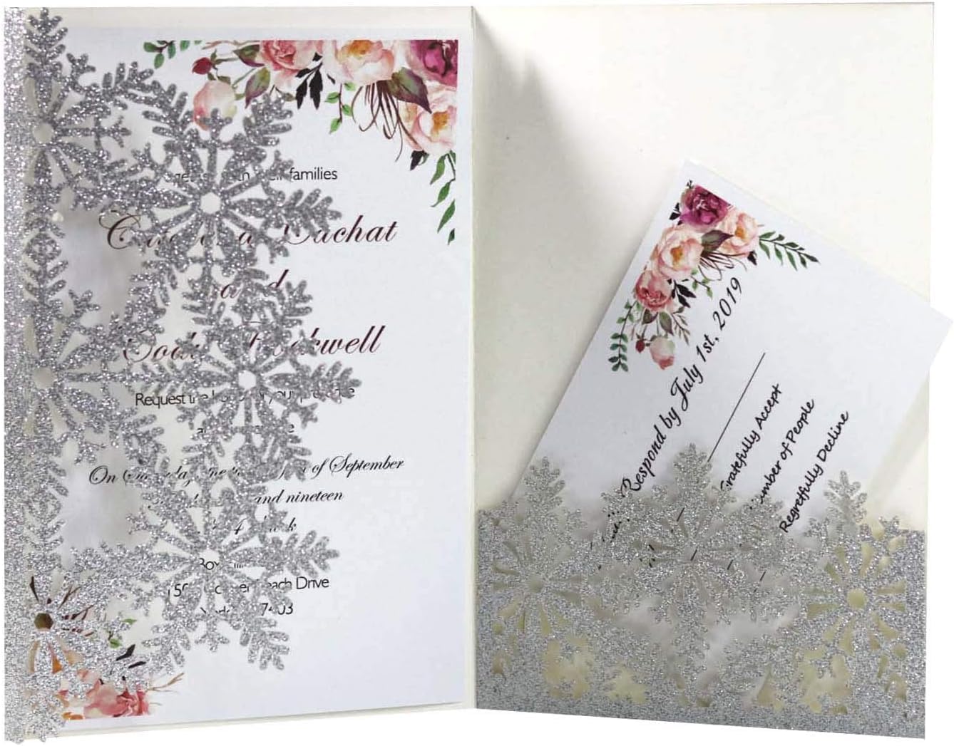 50set 3 Flod Christmas Greeting Cards Snow Flower Laser Cut Wedding Inviation Pocket Romantic Snowflake Party Invitations (Silver, Only Invitation Pocket)