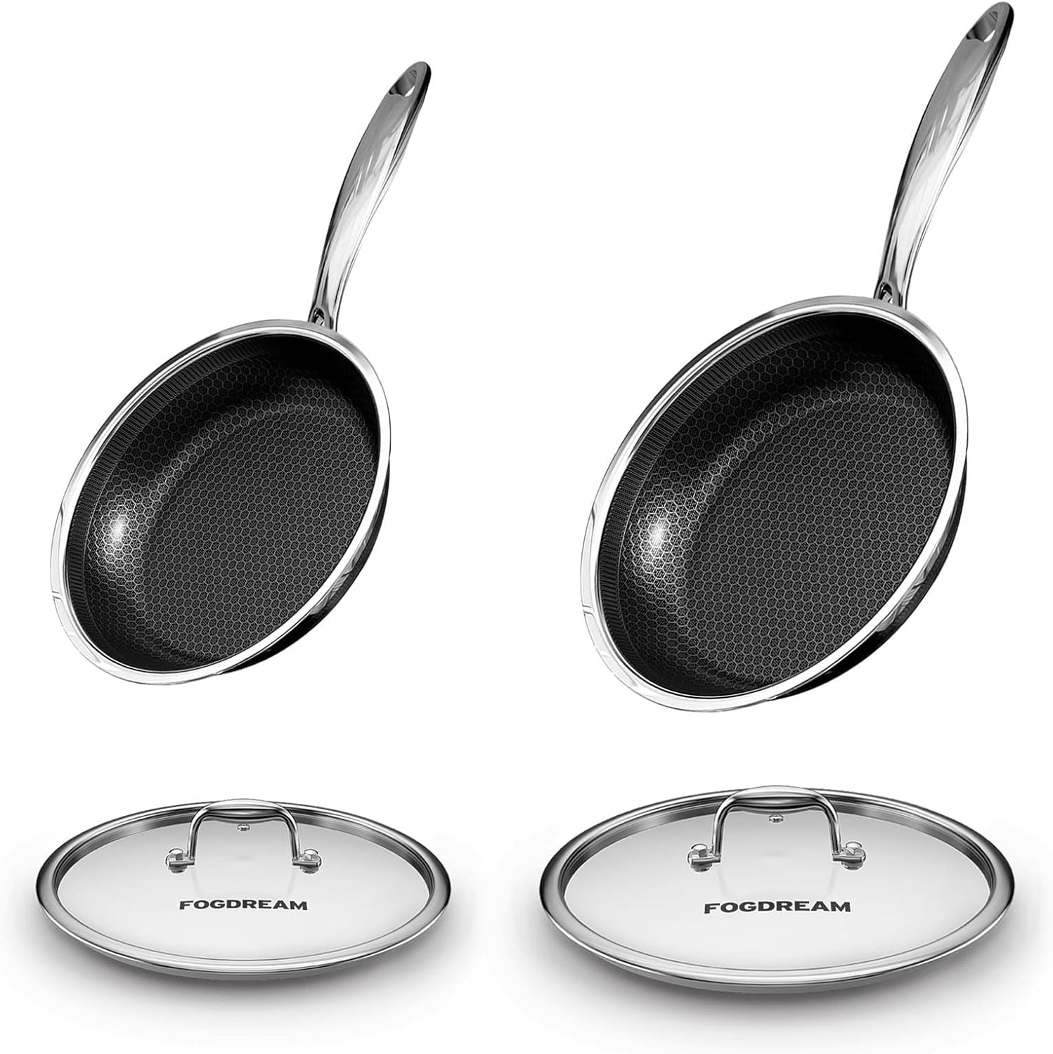 FogDream Non Stick Frying Pans,10in & 12 Inch Stainless Steel Skillet with Tempered Glass Lid Tri-Ply Stainless Steel for All Cooktops