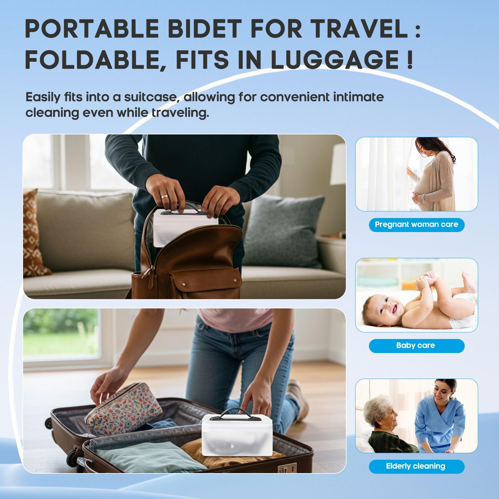 jamini - Pulverizador de bidé eléctrico portátil de viaje, kit de bidé de mano recargable para limpieza personal, tanque de agua de 2.3 L con doble configuración de presión para el cuidado del bebé