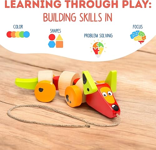 Miniatura 3 de Cubika Perro de salchicha de madera para caminar  Juguete para niños pequeños de 1 a 3 años  Inspirado en Montessori, madera certificada FSC,