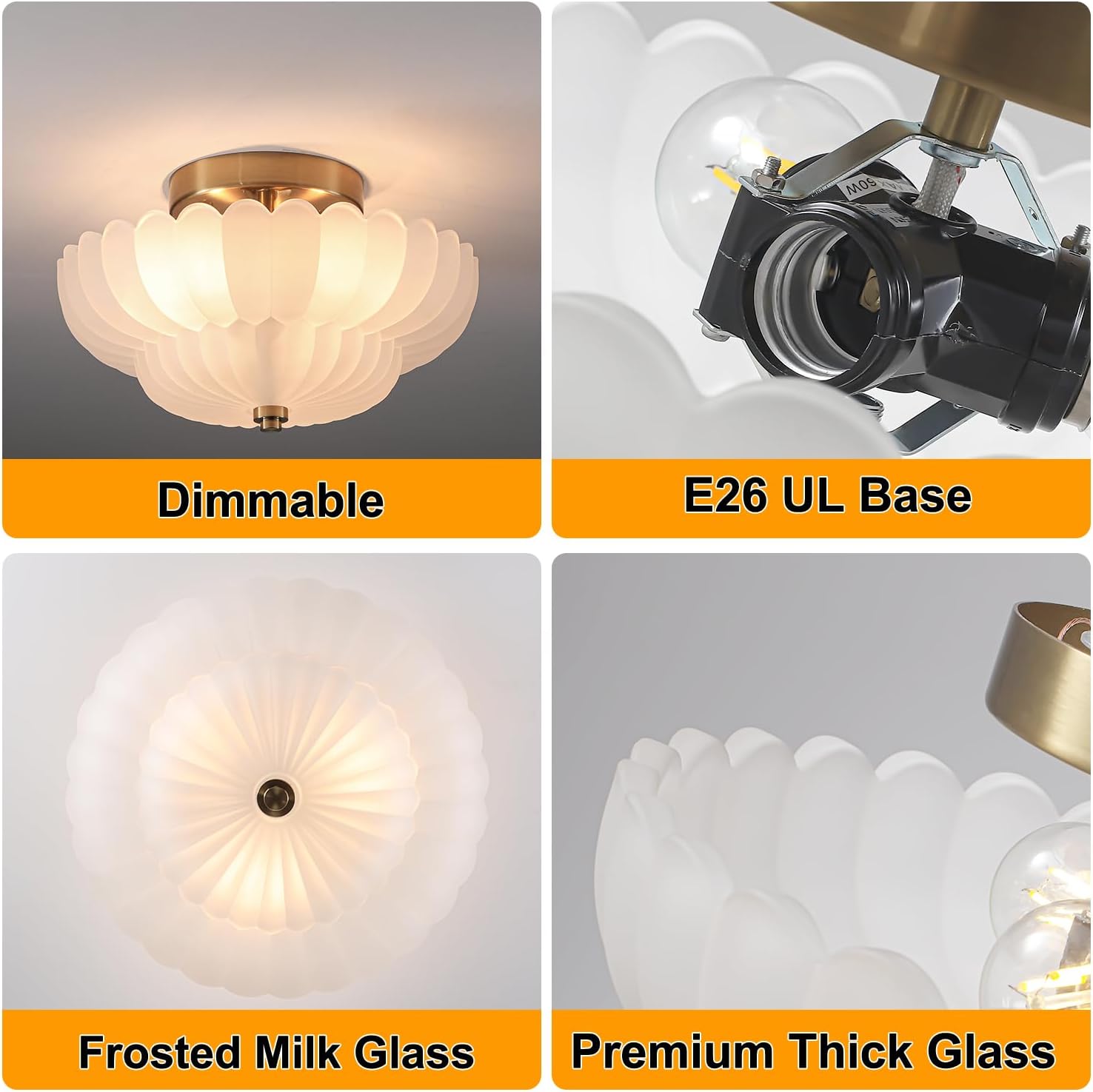 Gold Flush Mount Ceiling Light - 11.6”Modern Semi Flush Mount Ceiling Light Fixture with Milk Glass，mid Century Close to Ceiling Light for Bedroom, Living Room, Hallway, Entryway