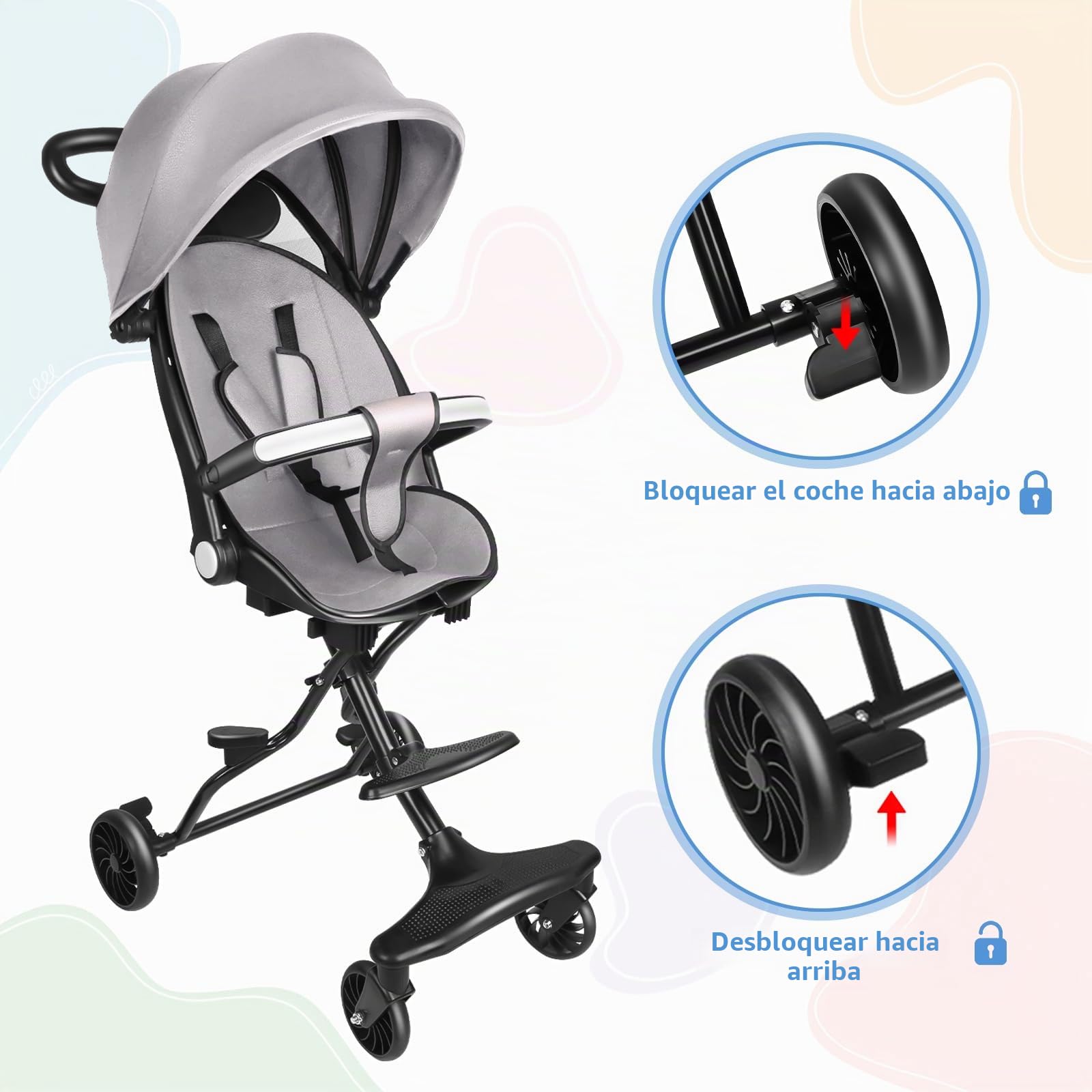Cochecito Canne, 0-4 años, 0-25 kg, cochecito de bebé, ligero y compacto, posición alargada, plegable automático, 30 x 55 x 86,5 cm, color gris