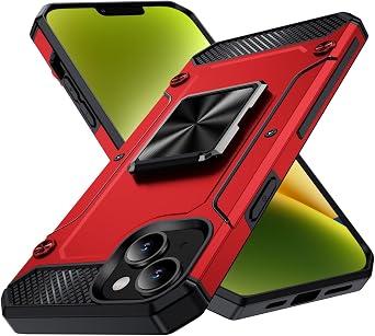 Military Grade Protection Case for iPhone 14/iPhone 13 with Ring Kickstand Metal Holder, Shockproof, Red