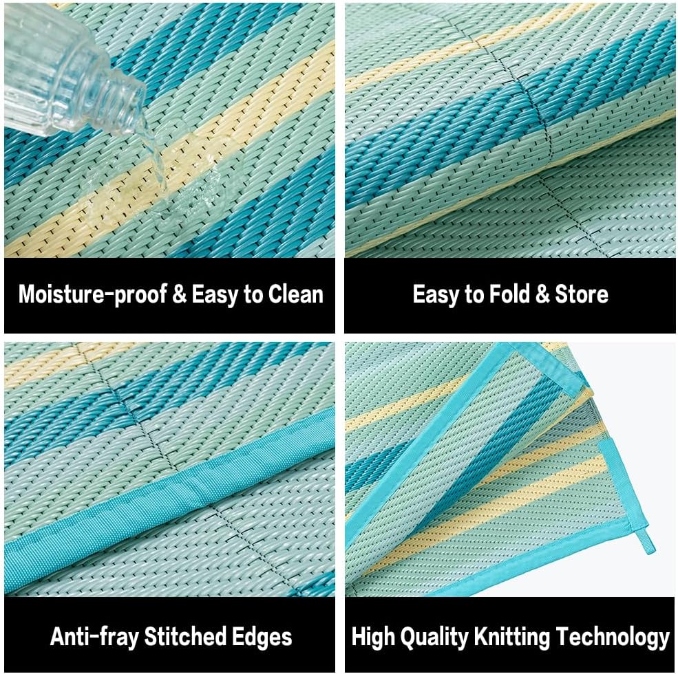 Outdoor Plastic Straw Rug Waterproof Patio 9x12 Teal Yellow Stripe Mat for Porch Camping RV Balcony Deck Courtyard Reversible Lightweight Durable Portable Carpet