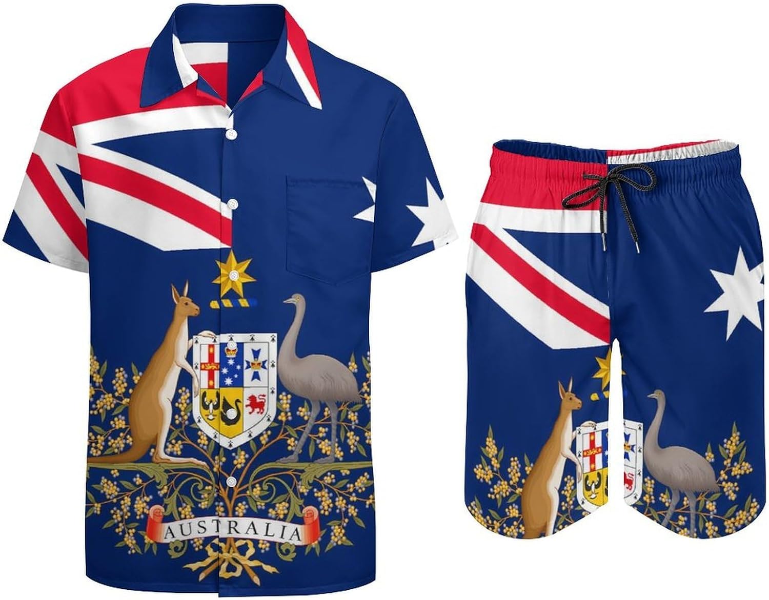 Australia Australian Coat of Arms Men's Summer Beach 2 Piece Outfits | hawaiian button down shirt and shorts,vacation cruise,mens bathing suit