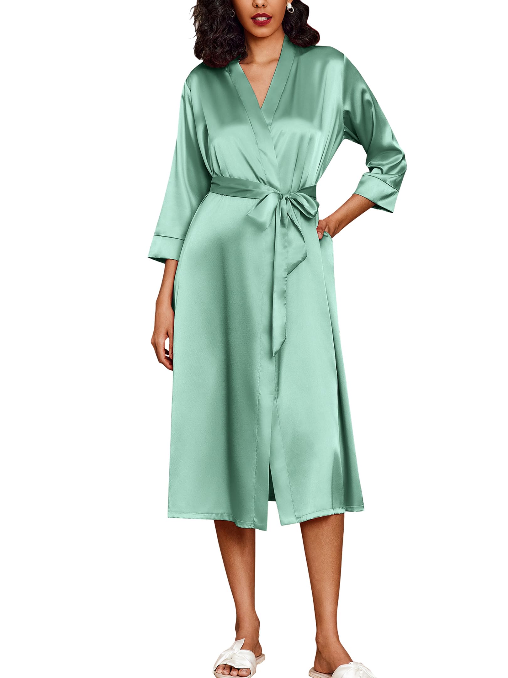 Ekouaer Silk Robes for Women Long Satin Bride Bridesmaid Robe with Pockets