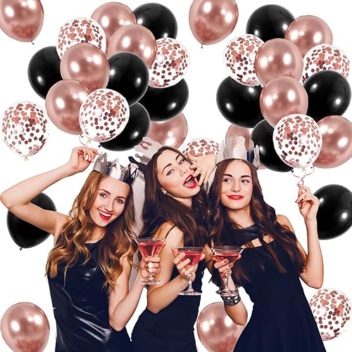Miniatura 4 de Globos cromados metálicos de confeti de oro rosa y negro, 55 globos de látex de 12 pulgadas de grosor para baby shower, decoración de fiesta de