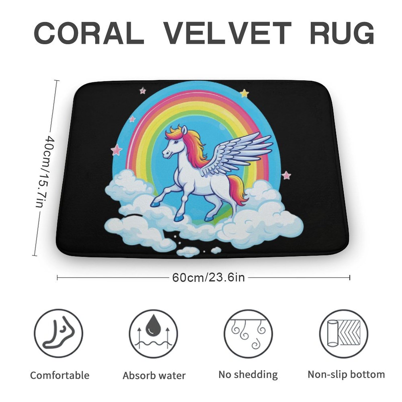 Rainbow Pegasus Coral Velvet Rugs Non-Slip Bathroom Rugs Soft Kitchen Rug Floor Carpet for Home Decor 15.7