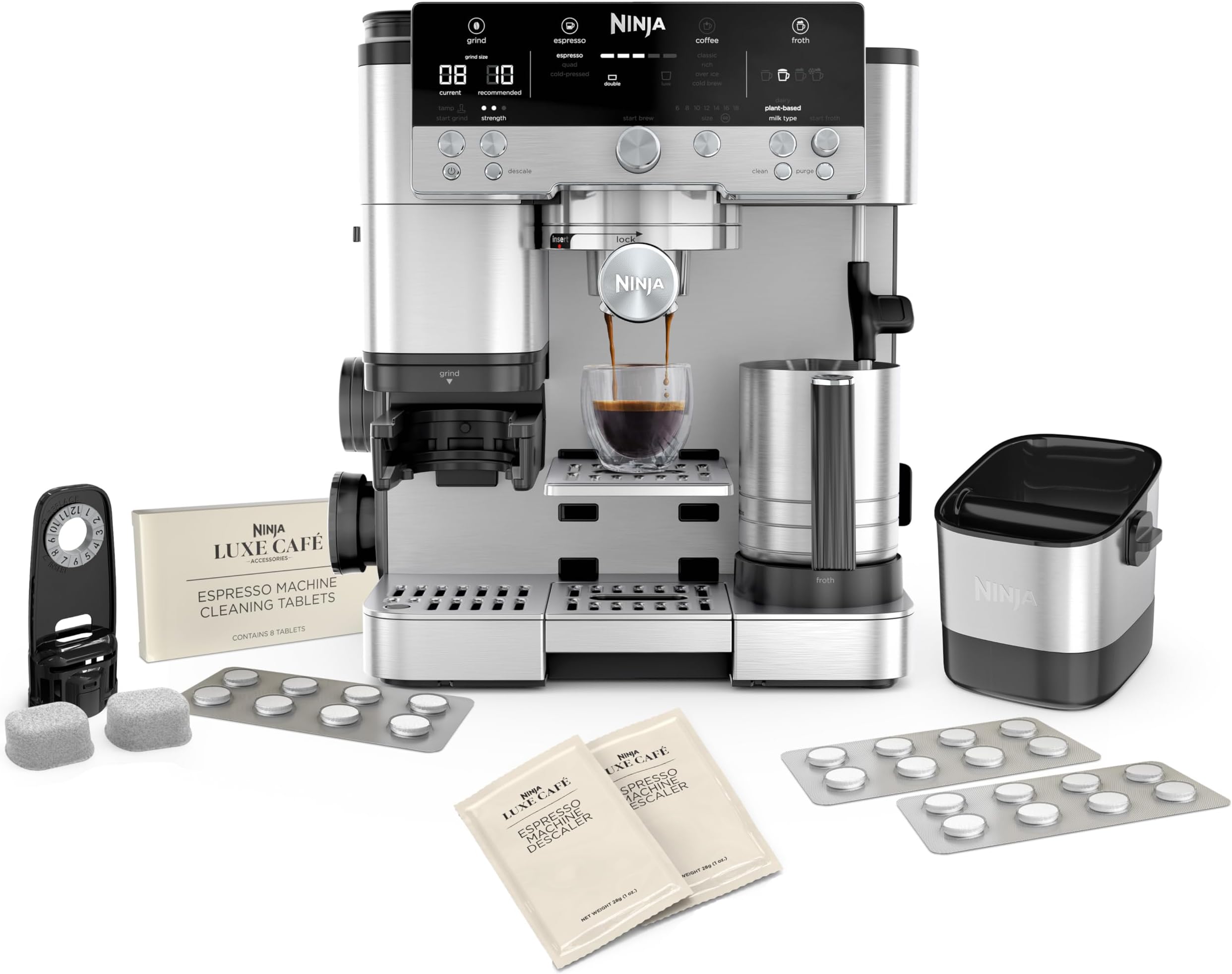 NinjaLuxe Cafe Premier Series, Espresso Machine, Drip Coffee, Rapid Cold Brew, Integrated Grinder, Hands-Free Frother, with Knock Box, Water Filter, Cleaning Tablets, Descaler, ES601AMZ