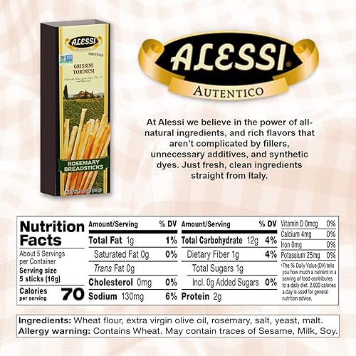 Miniatura 2 de Alessi Palitos de pan importados, palitos de pan crujientes italianos de romero Autentico, bajos en grasa, hechos con aceite de oliva virgen extra,