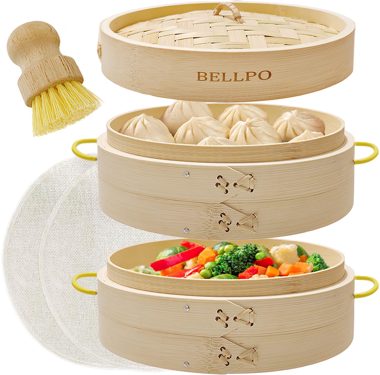Bamboo Steamer 8 inch 2 Tier Wooden Basket with Side Handle, Dumpling Steamer Cooking for Vegetables Rice,Fish,Dim Sum,Bao Bun,Reusable Liner&Brush Included